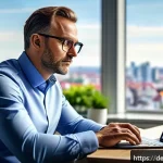 Home 21 고급 메타 태그 작성법 - A modern German office scene showing a professional middle-aged man sitting at a sleek desk with a l...