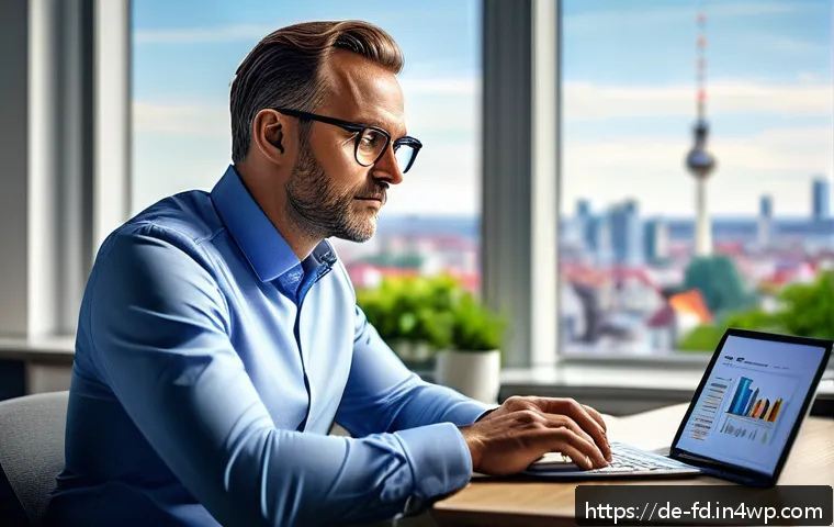 고급 메타 태그 작성법 - A modern German office scene showing a professional middle-aged man sitting at a sleek desk with a l...