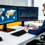 Home 18 SEO 성과 향상을 위한 콘텐츠 업데이트 전략 - A modern digital workspace scene showing a professional SEO analyst actively monitoring website perf...